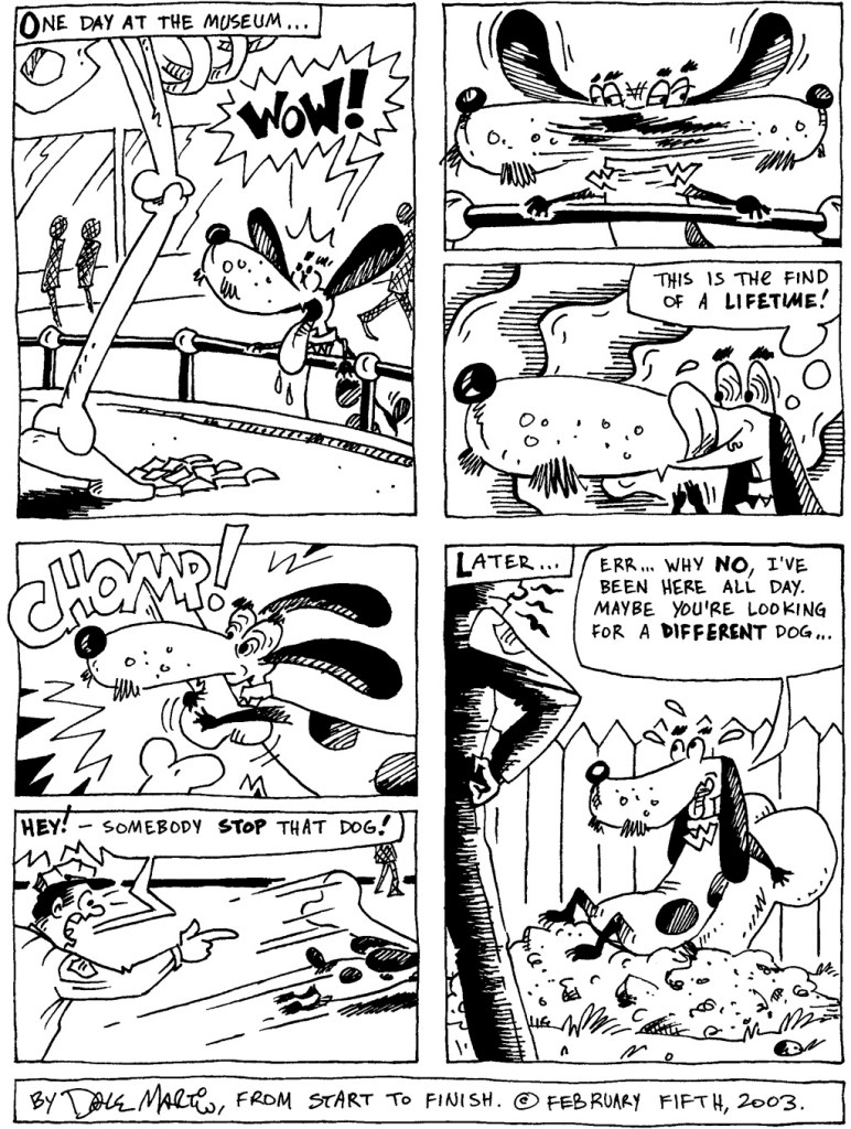 Watusi the Talking Dog, a black and white cartoon dog, swipes a dinosaur bone from a museum...